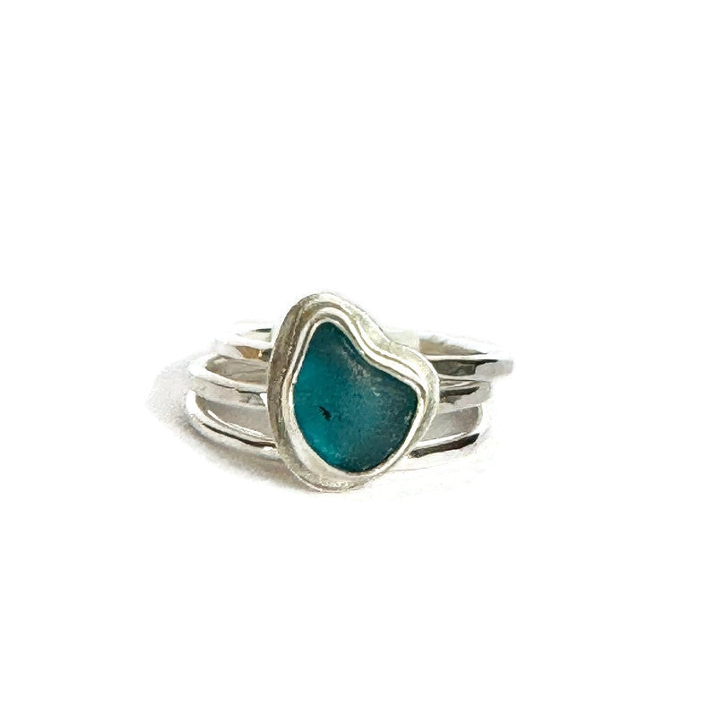 Teal Blue Sea Glass Stacking Ring- Size 7