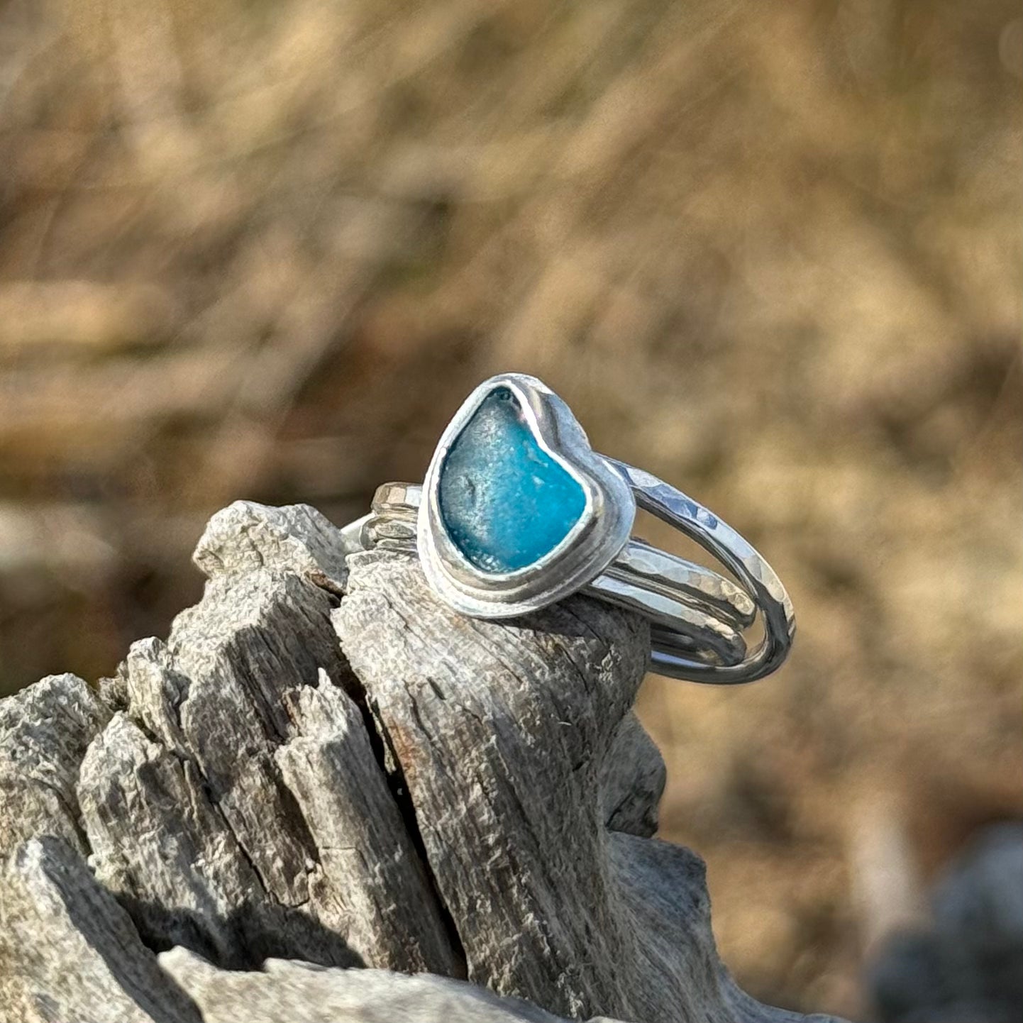 Teal Blue Sea Glass Stacking Ring- Size 7