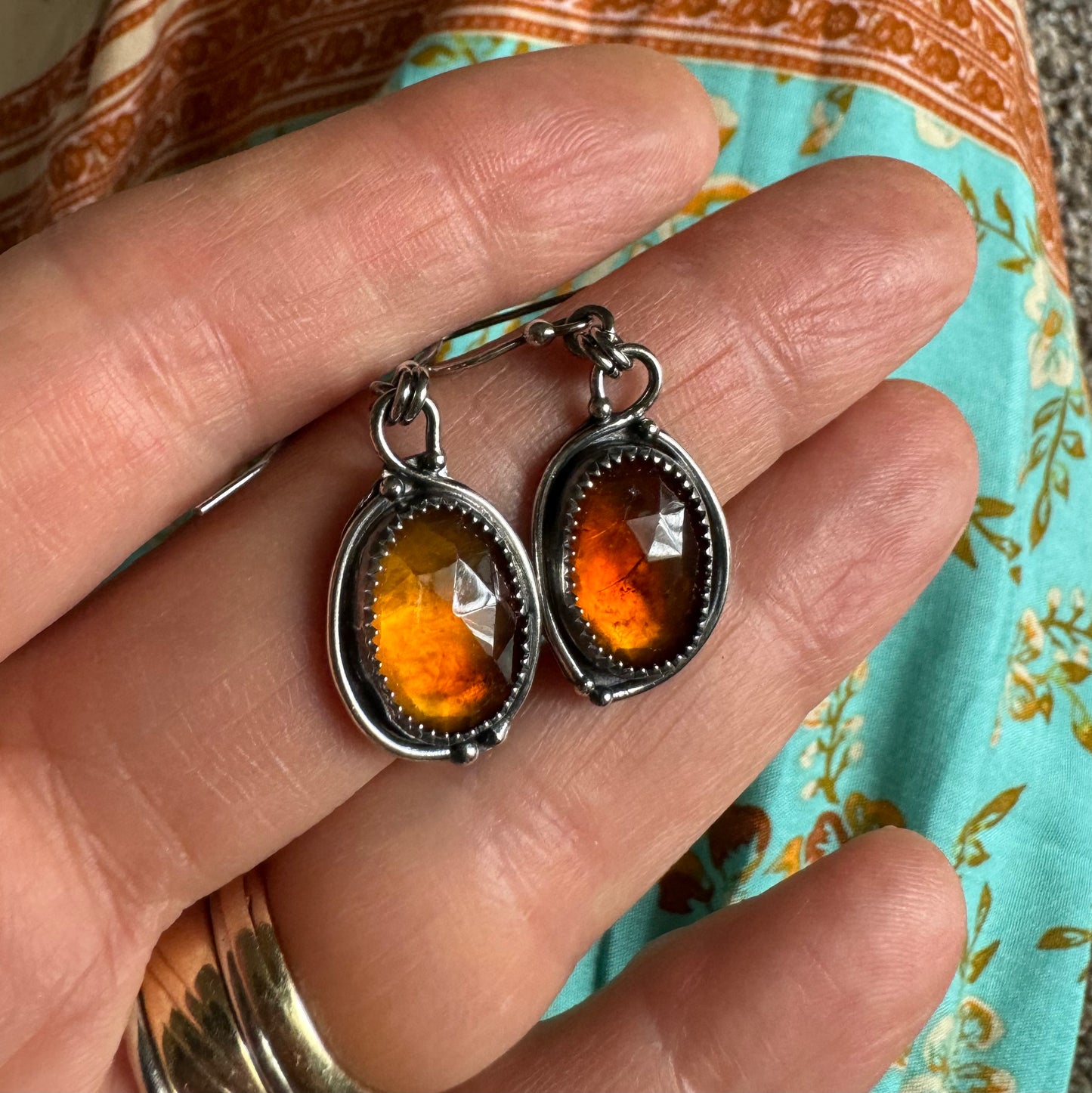 Orange Garnet Rose Cut Silver Earrings