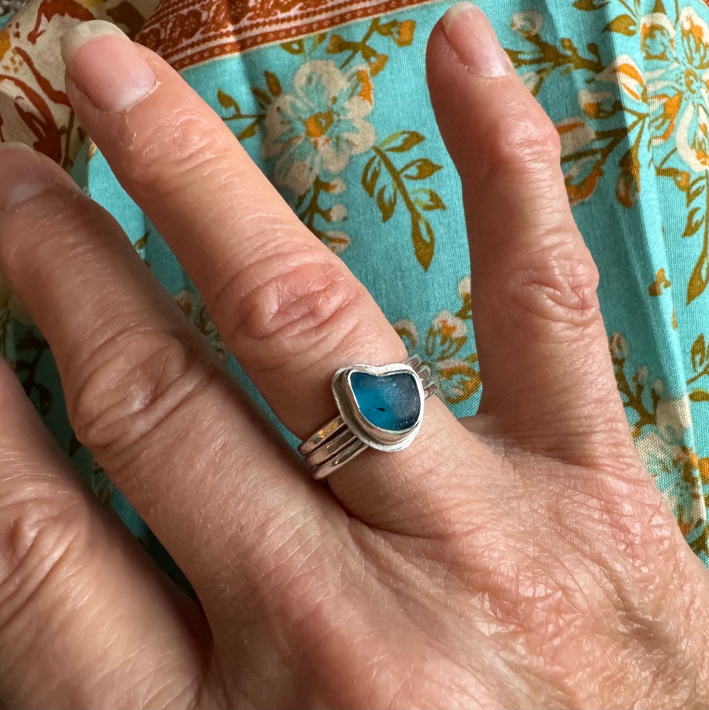 Teal Blue Sea Glass Stacking Ring- Size 7