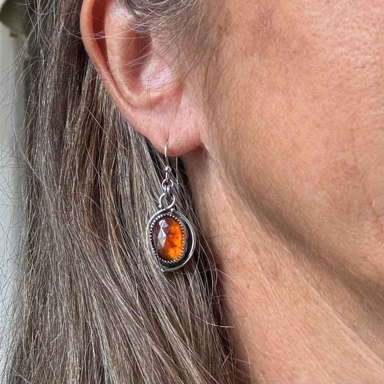 Orange Garnet Rose Cut Silver Earrings