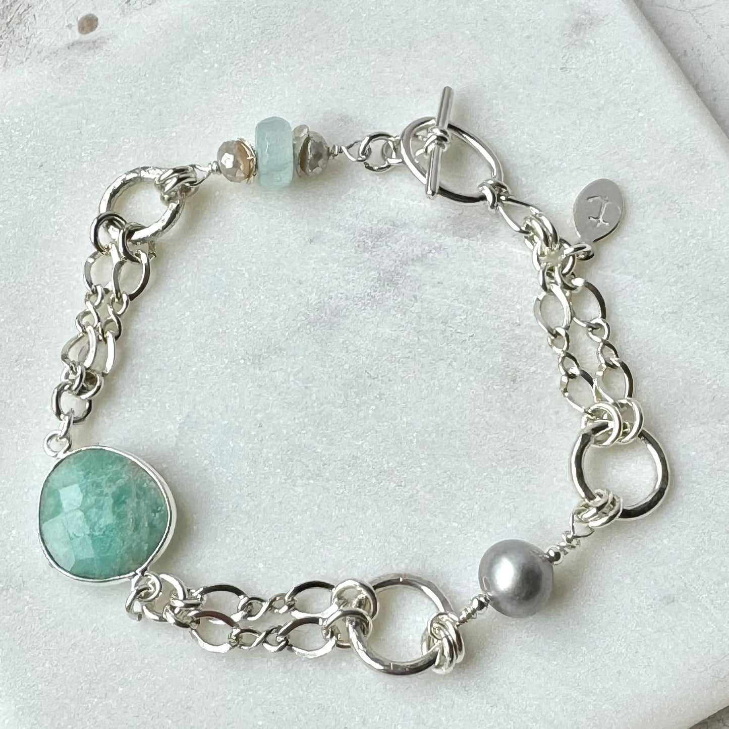 Aquamarine, Amazonite & Grey Pearl Chain Bracelet