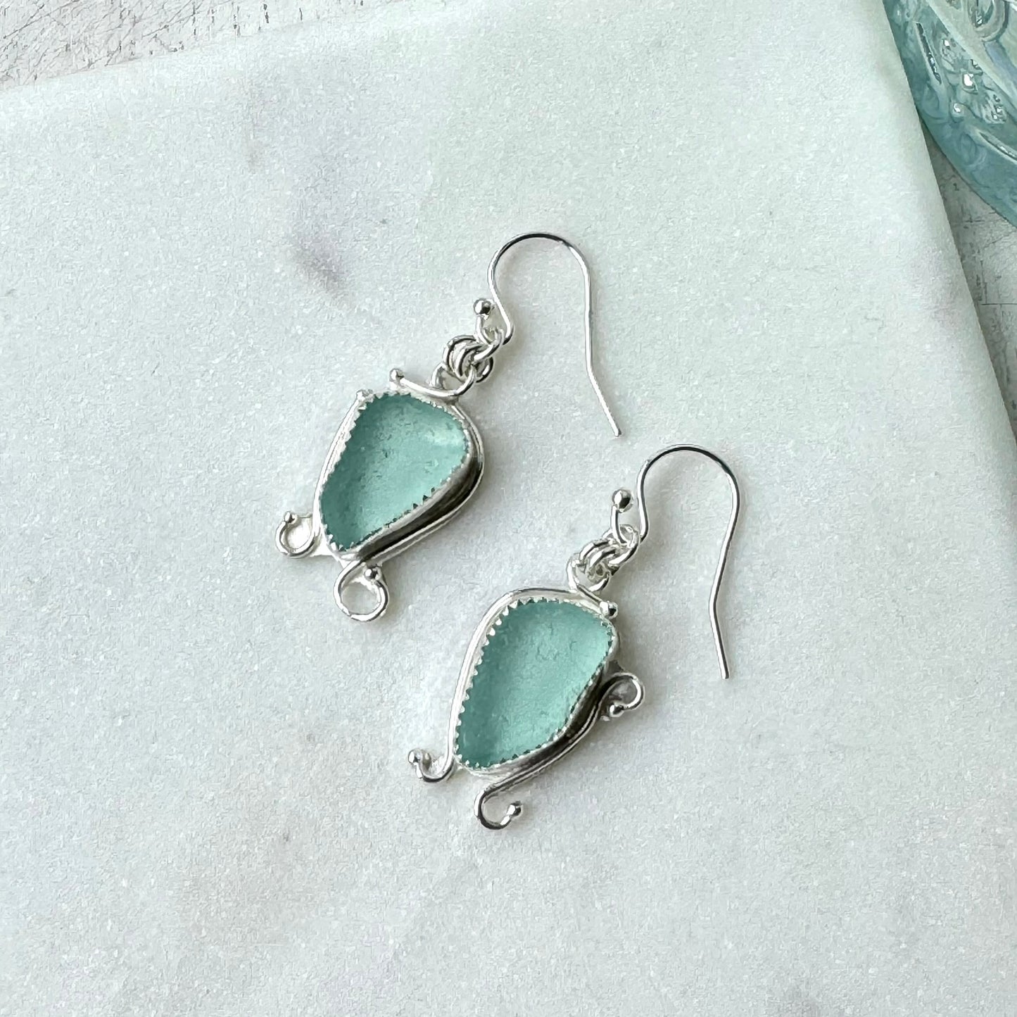 Aqua Sea Glass Bezel Set Earrings