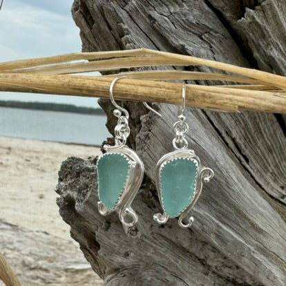 Aqua Sea Glass Bezel Set Earrings