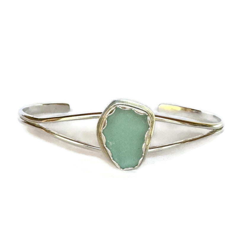 Aqua Sea Glass Open Silver Cuff Bracelet