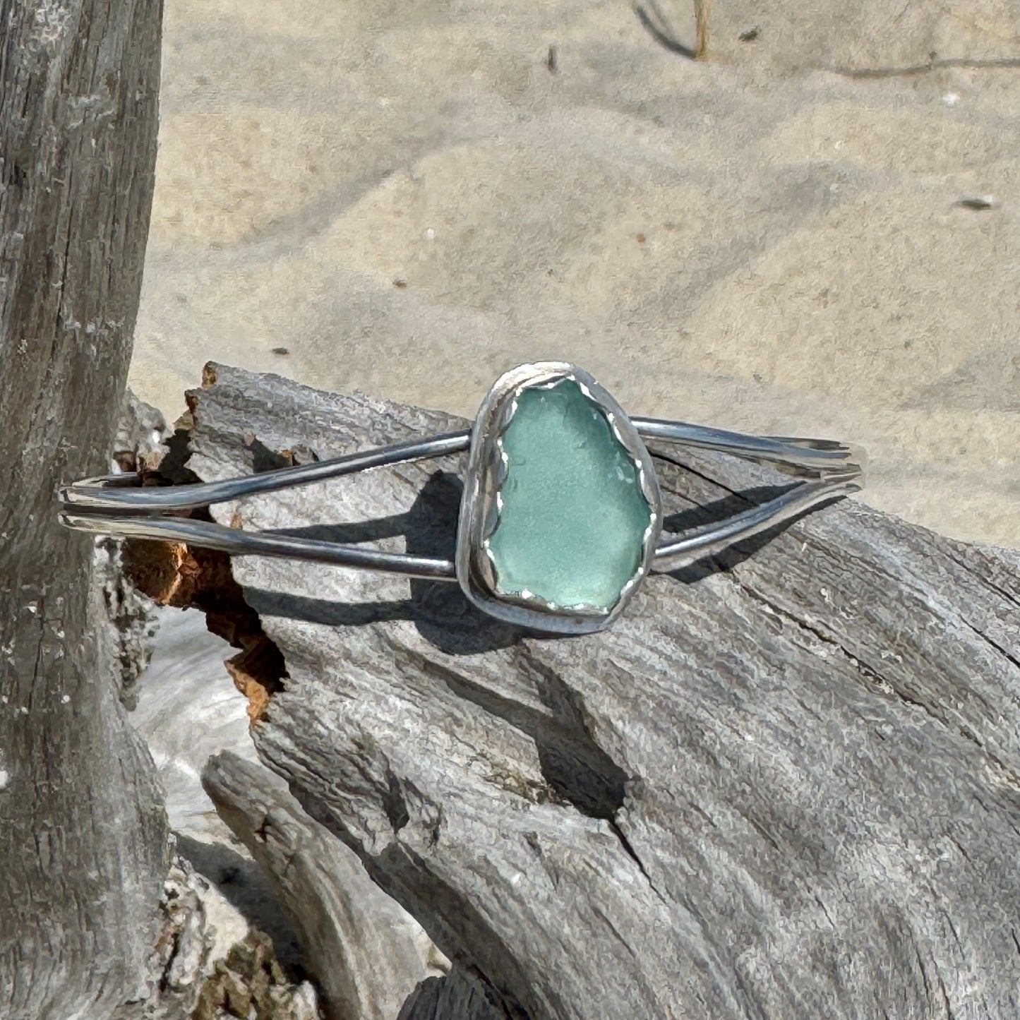 Aqua Sea Glass Open Silver Cuff Bracelet