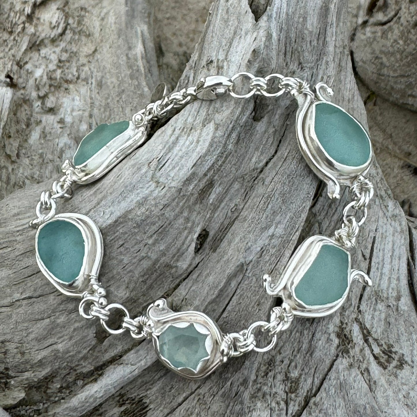 Aquamarine & Aqua Sea Glass Bezel Bracelet