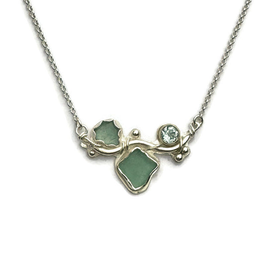 Aquamarine & Aqua Sea Glass 3 stone Necklace