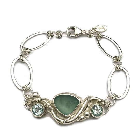Aquamarine & Aqua Sea Glass Link Bracelet