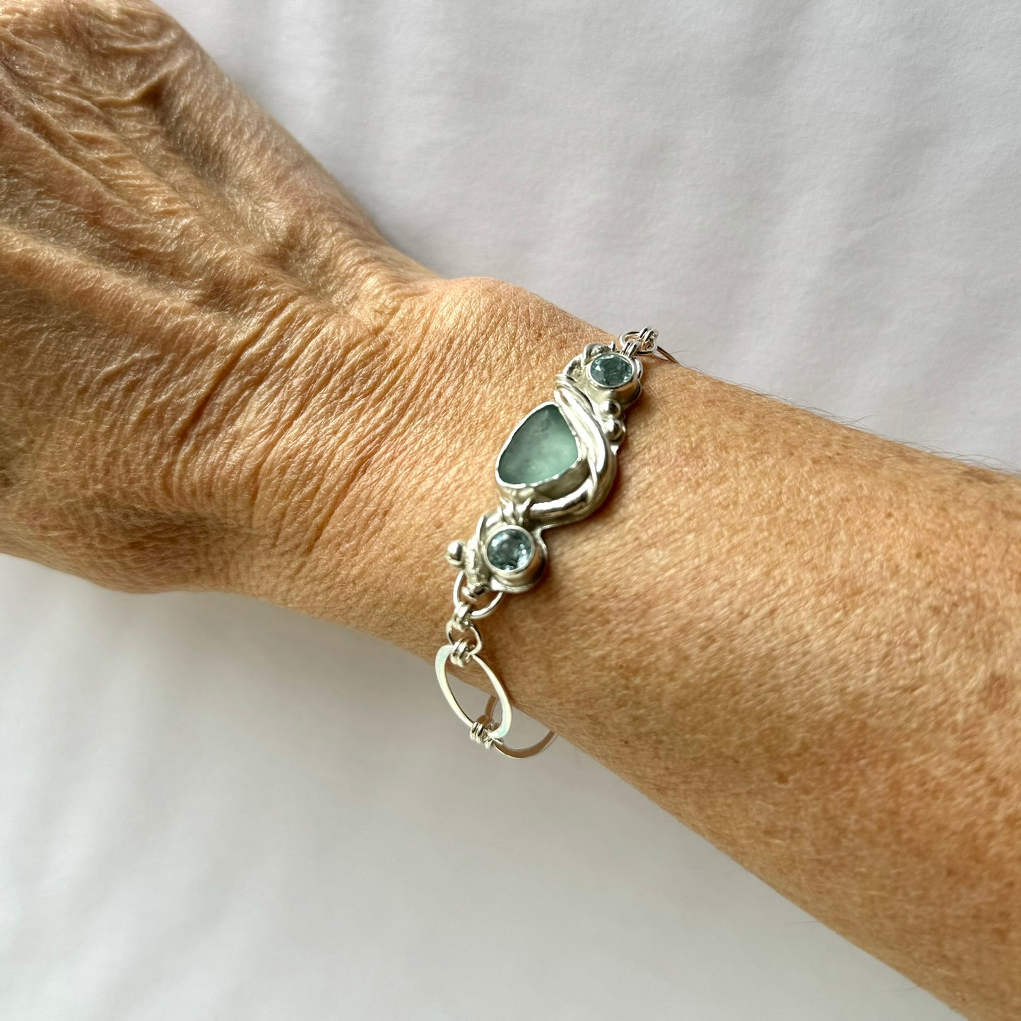 Aquamarine & Aqua Sea Glass Link Bracelet