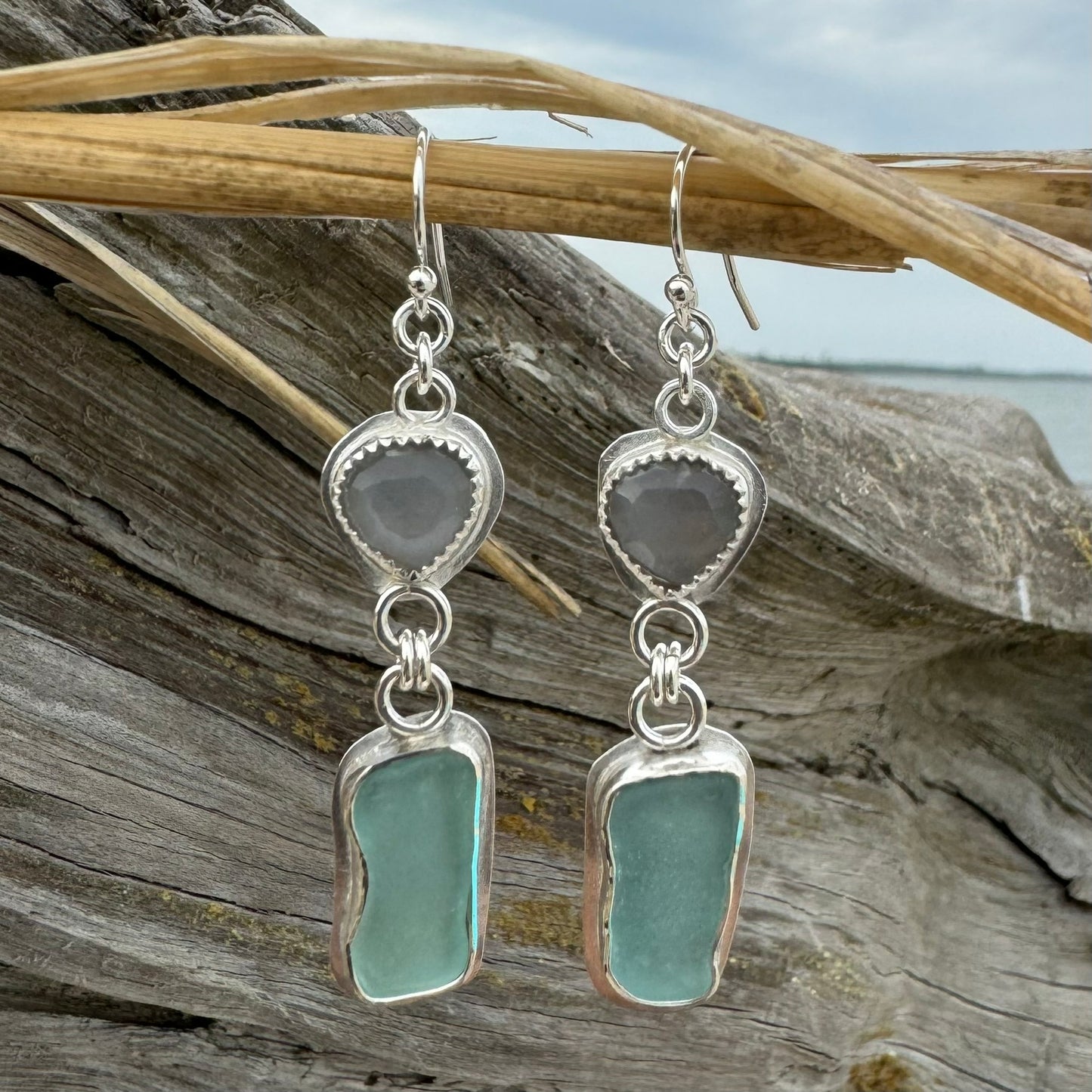 Aqua Sea Glass & Grey Moonstone Drop Earrings