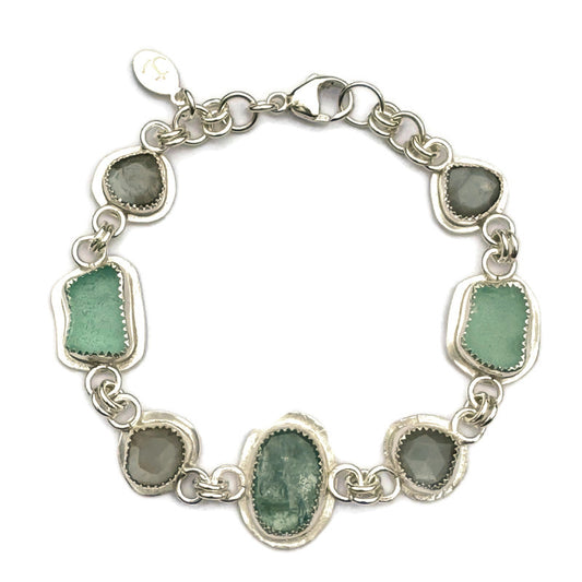 Aqua Sea Glass, Kyanite & Grey Moonstone Bezel Bracelet
