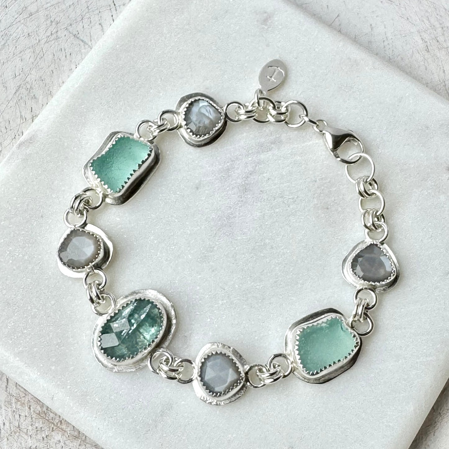Aqua Sea Glass, Kyanite & Grey Moonstone Bezel Bracelet