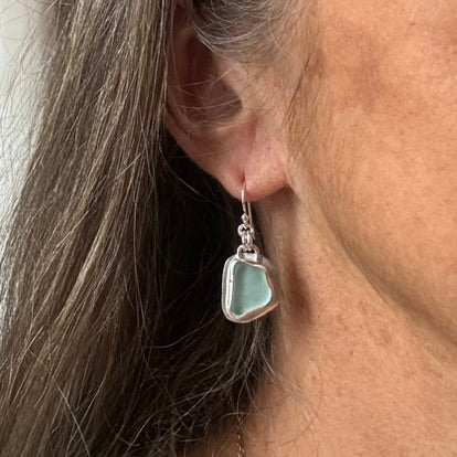 Aqua Sea Glass Bezel Set Earrings