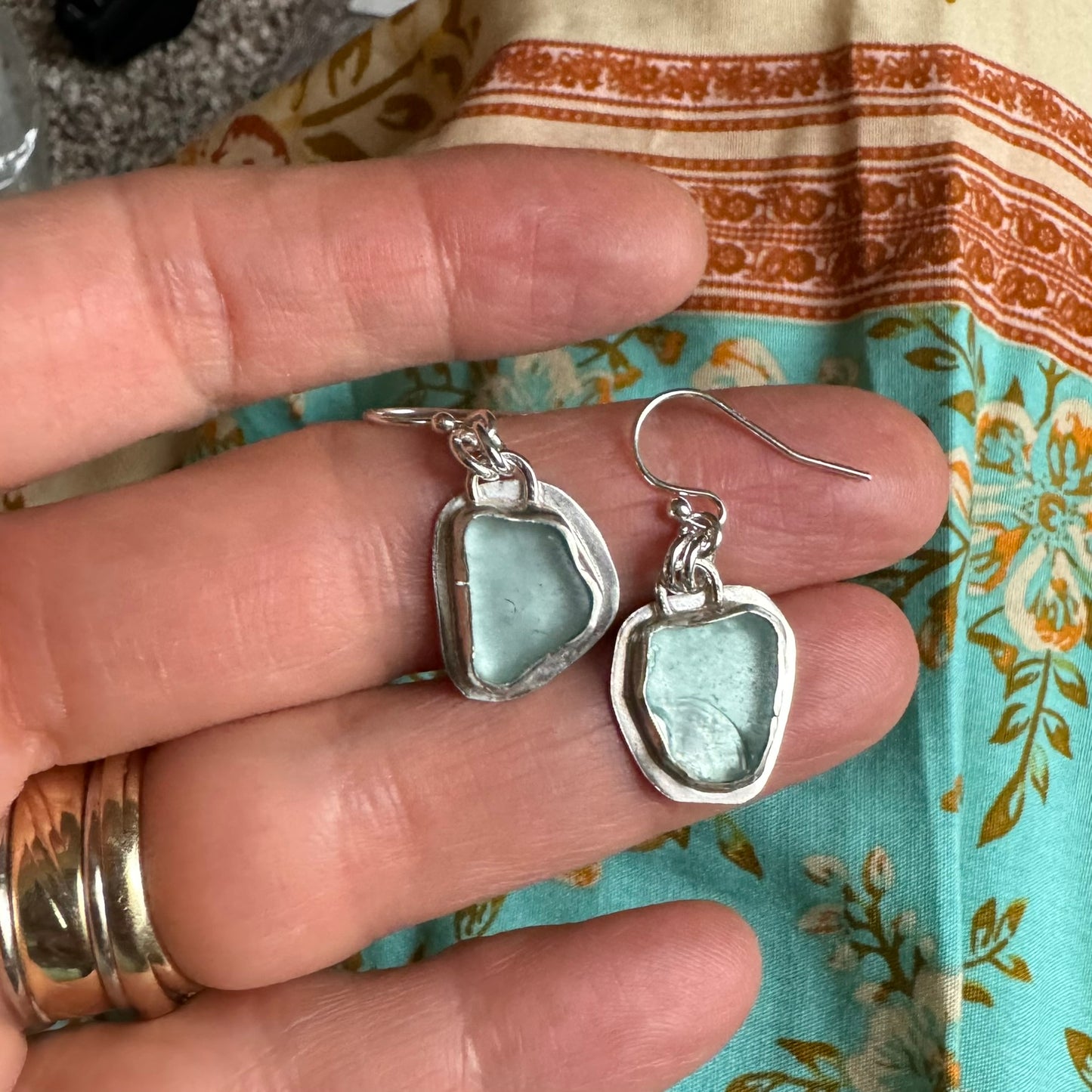 Aqua Sea Glass Bezel Set Earrings