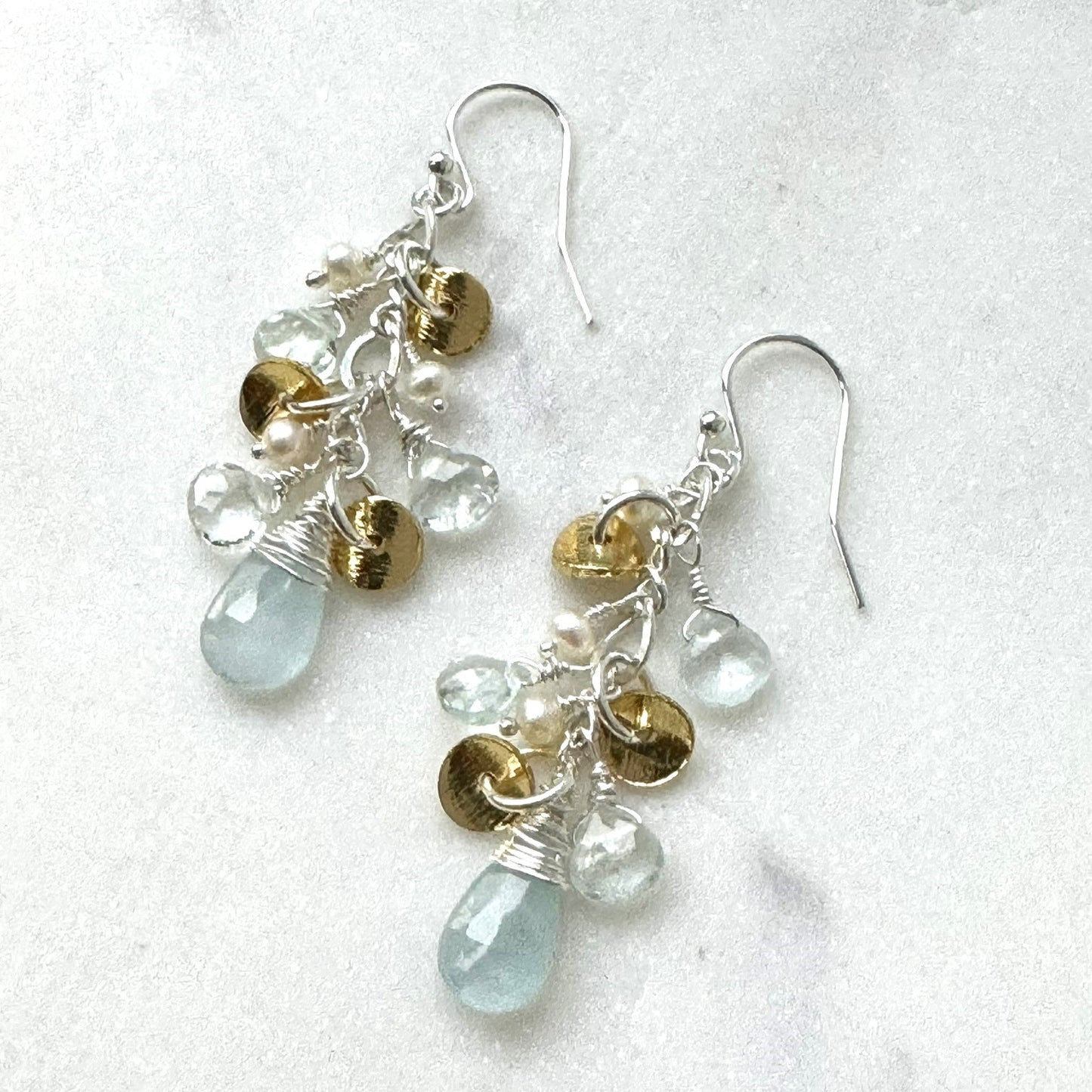 Aquamarine & Pearl Gold & Silver Cluster Earrings