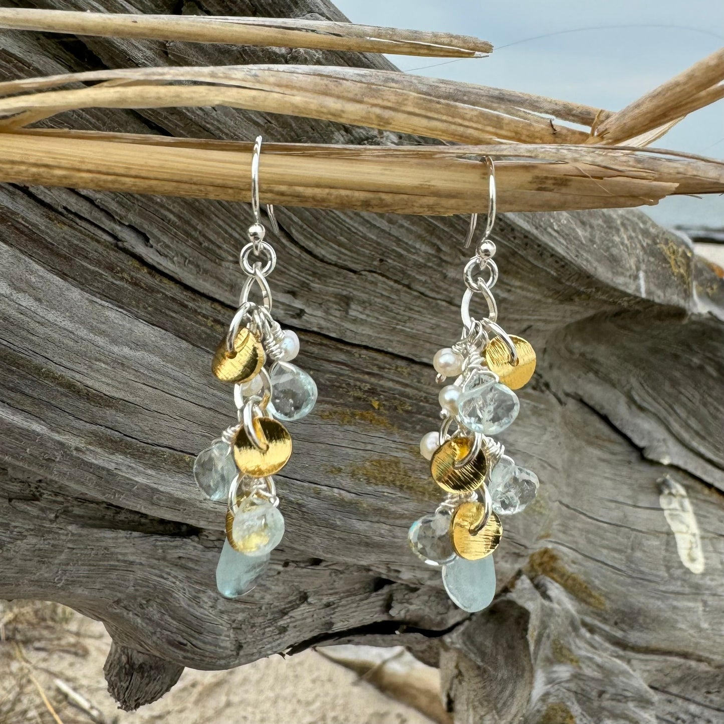Aquamarine & Pearl Gold & Silver Cluster Earrings