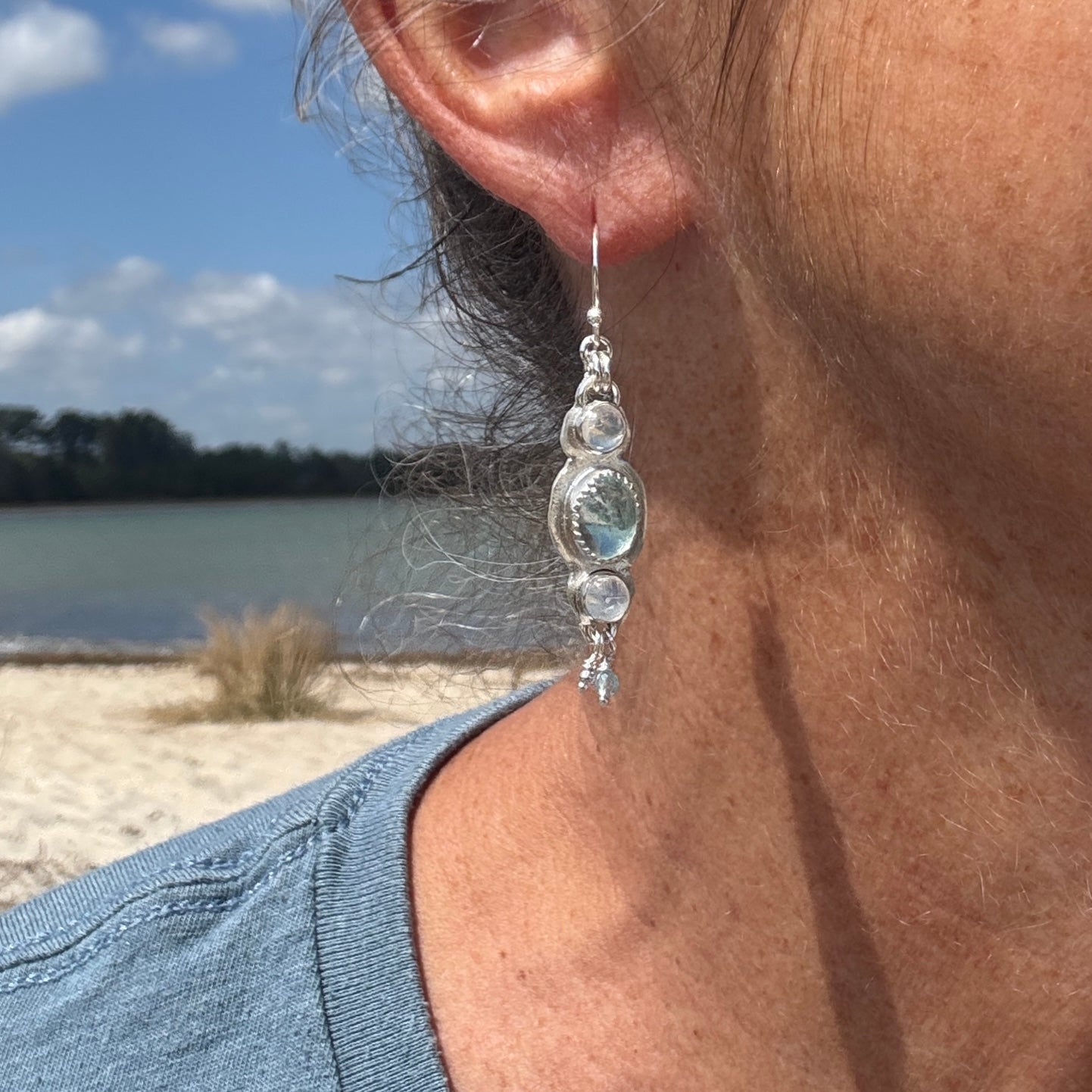 Aquamarine & Moonstone 3-Stone Earrings