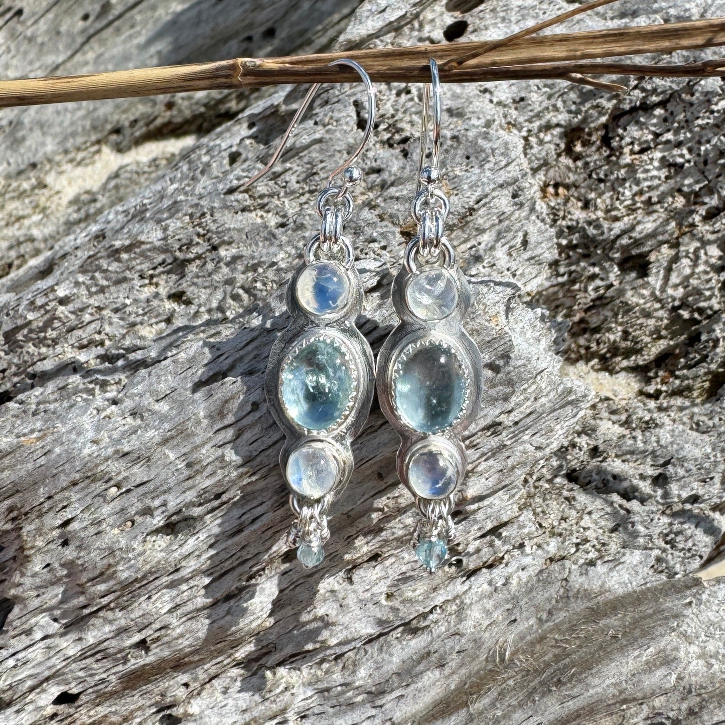 Aquamarine & Moonstone 3-Stone Earrings