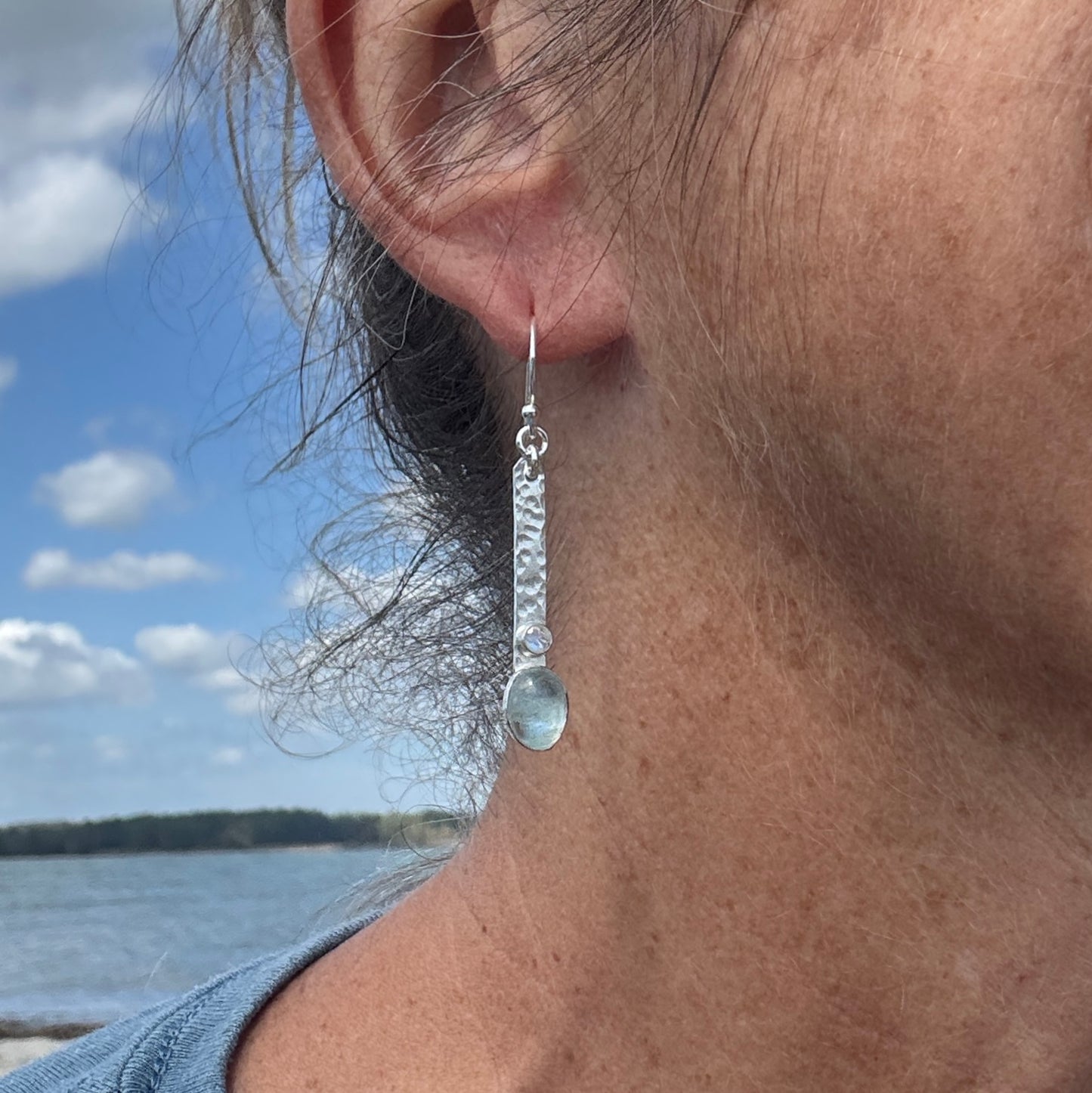 Aquamarine & Moonstone Long Rectangular Earrings
