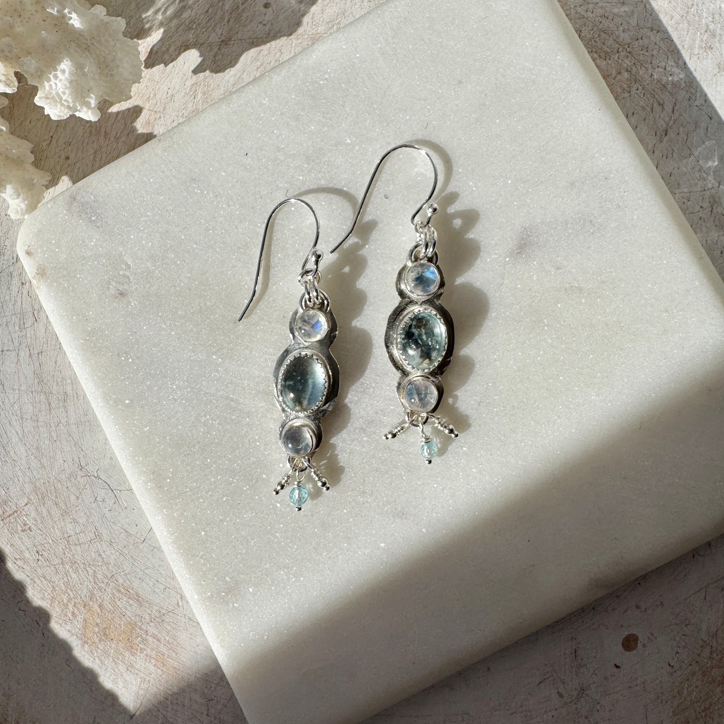 Aquamarine & Moonstone 3-Stone Earrings