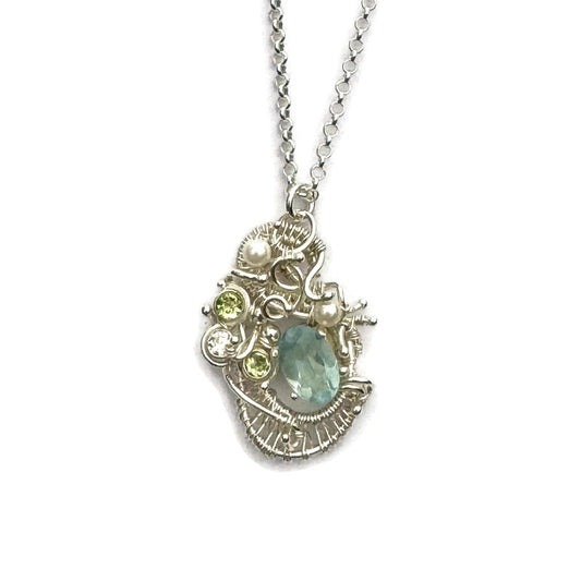 Aquamarine, Peridot & Pearl Silver Woven Necklace