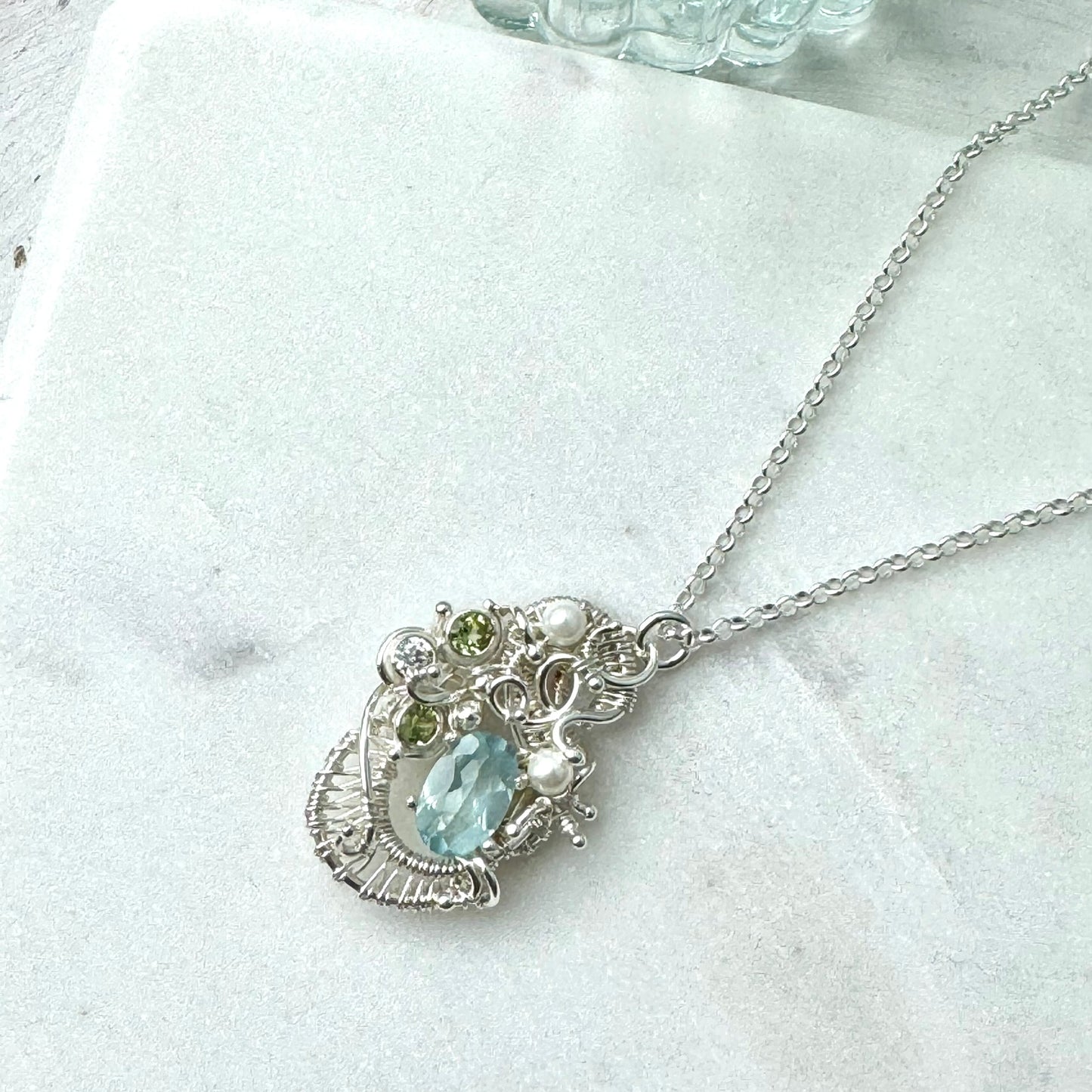 Aquamarine, Peridot & Pearl Silver Woven Necklace