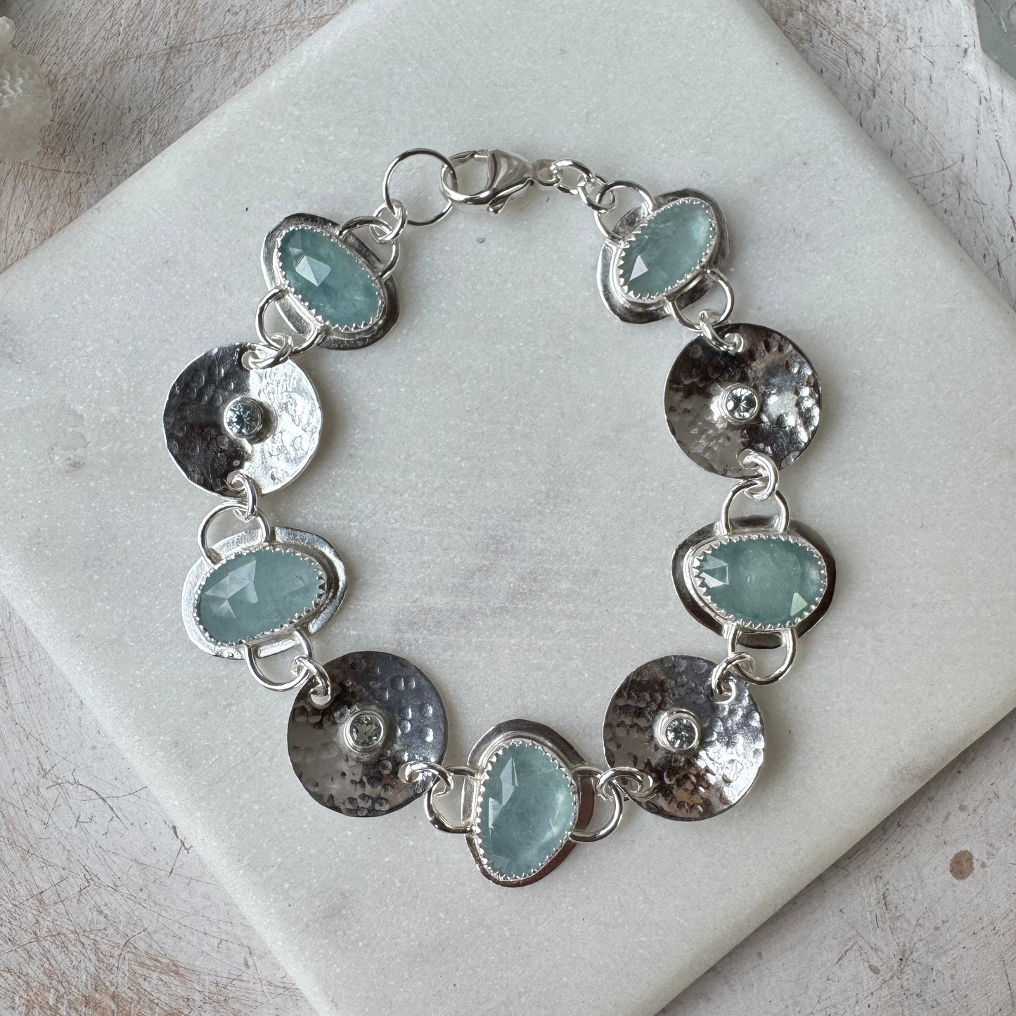 Aquamarine Gemstone & Silver Disk Bracelet