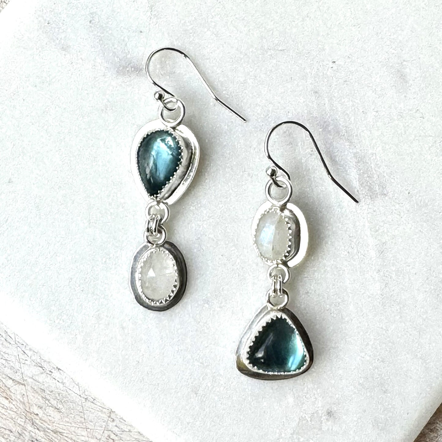 Teal Fluorite & Moonstone Asymetrical Earrings