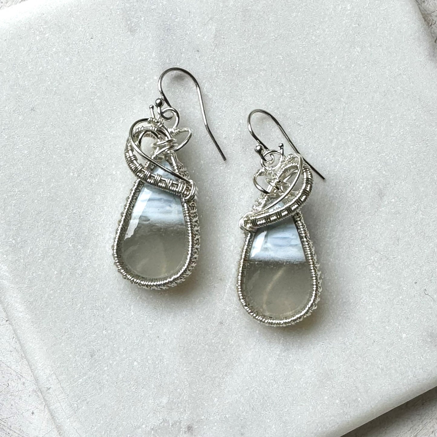 Blue Opal Teardrop Silver Woven Earrings