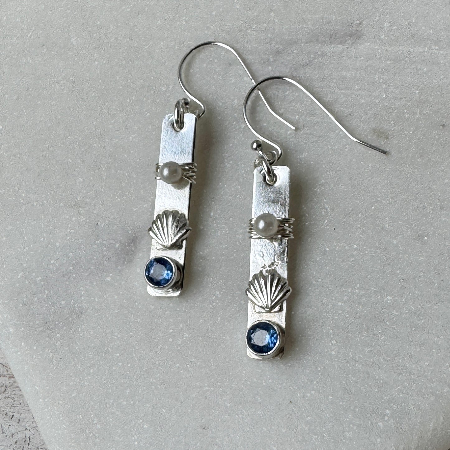 Blue Kyanite Sea Shell & Pearl Earrings