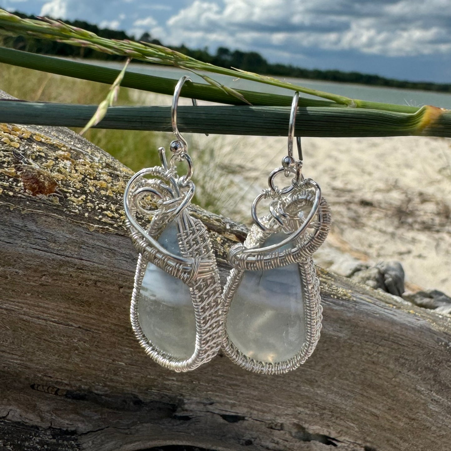 Blue Opal Teardrop Silver Woven Earrings