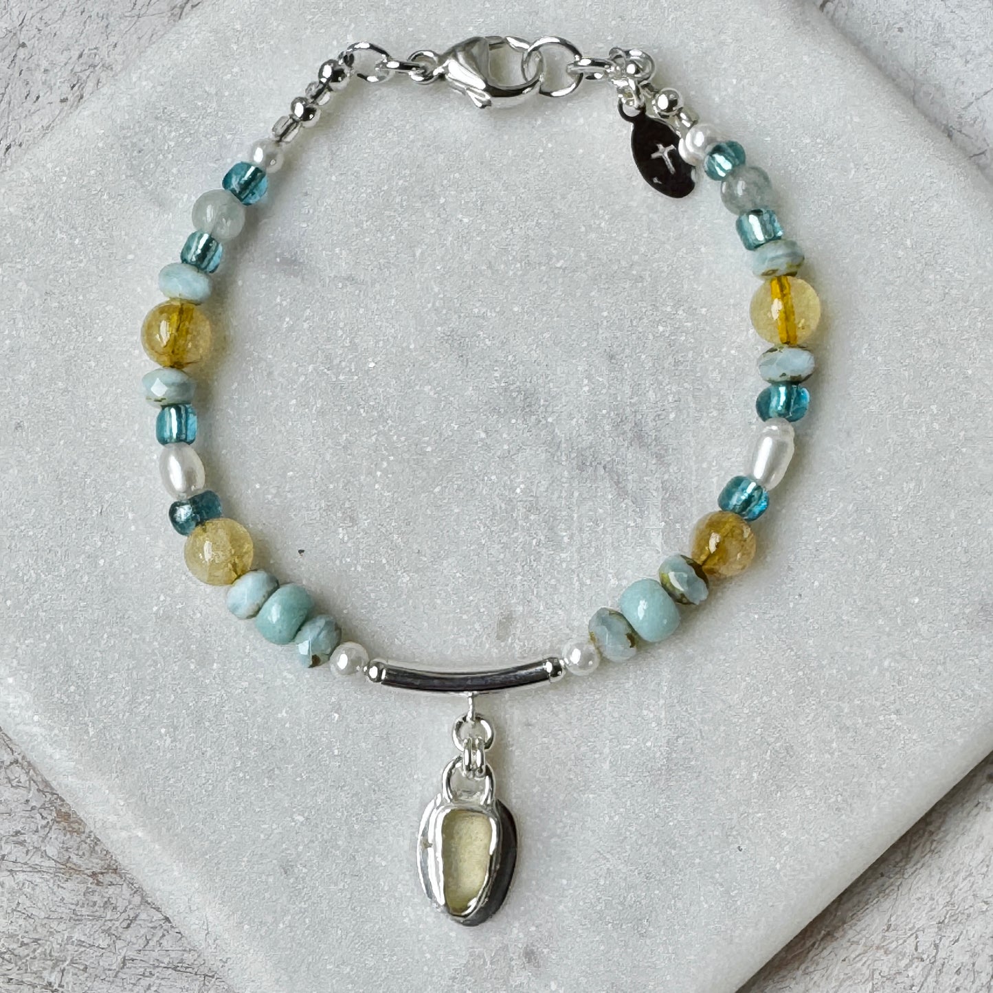Citrine, Larimar & Pearl Bracelet with Yellow Sea Glass Charm