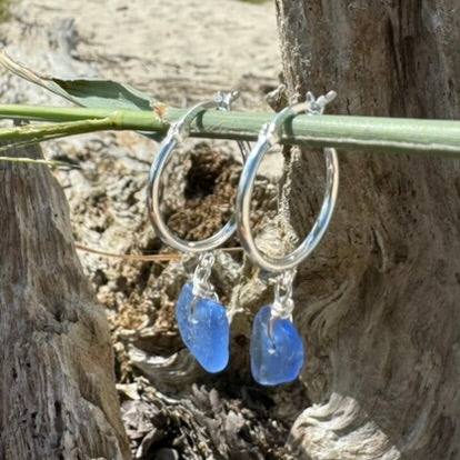 Natural Sea Glass Silver Hoop Earrings