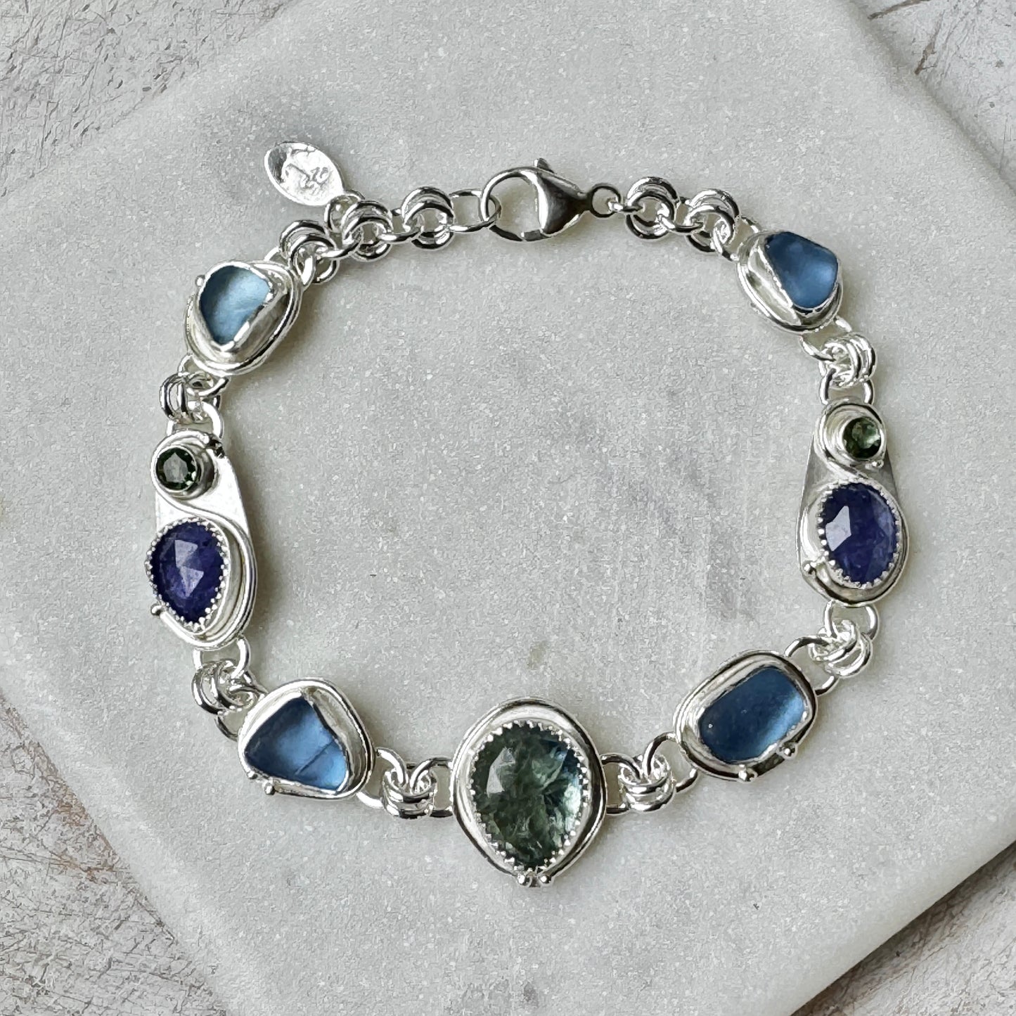 Cornflower Sea Glass, Bi-Color Tanzanite, & Green Apatite Bracelet