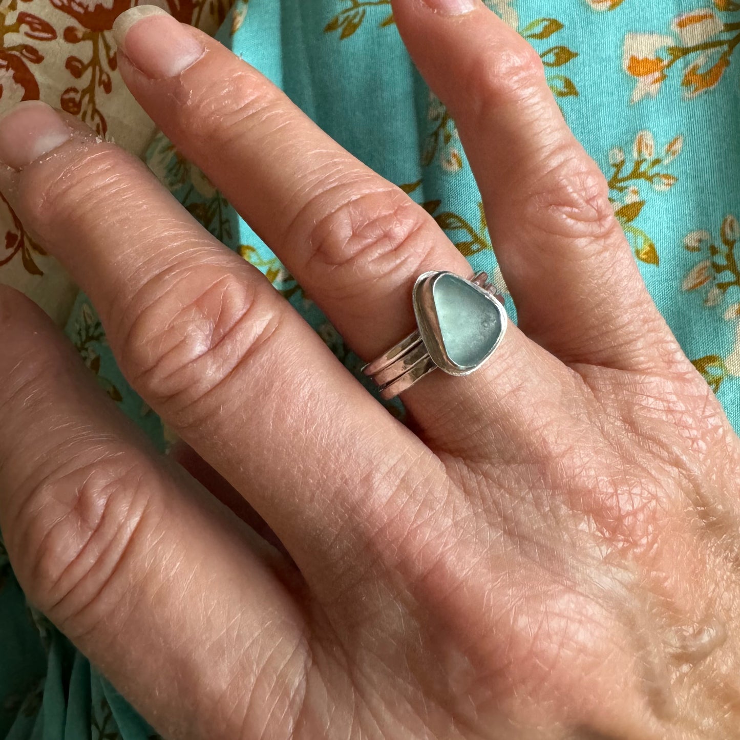 Aqua Blue Sea Glass Stacking Ring- Size 8.5