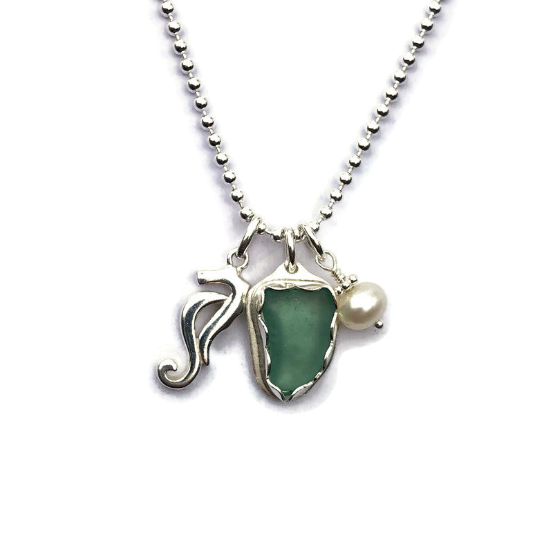 Sea Glass Charm Necklace- Sea Foam & Sea Horse