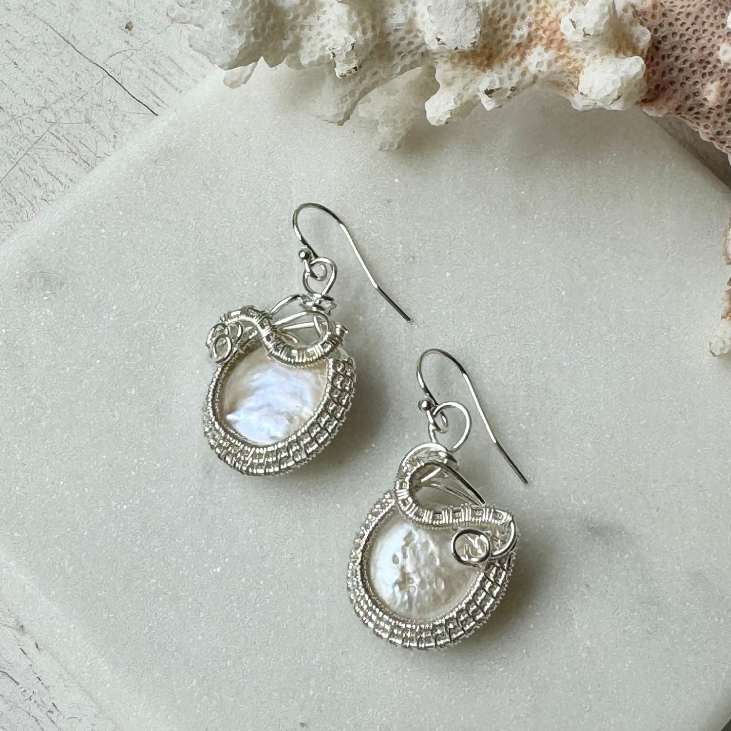 Freshwater Pearl Silver Woven Earrings