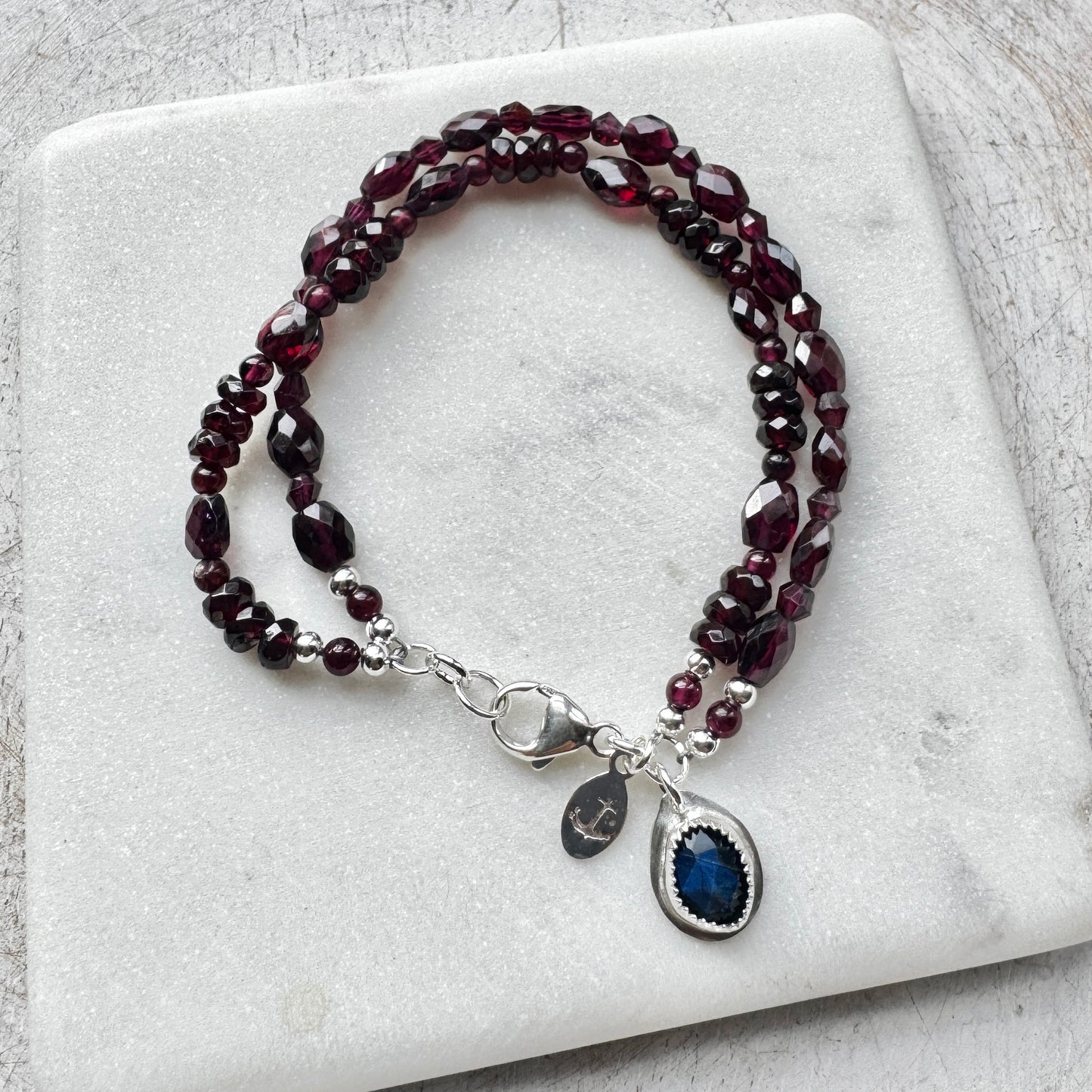 Garnet double strand Bracelet with Labradorite Char