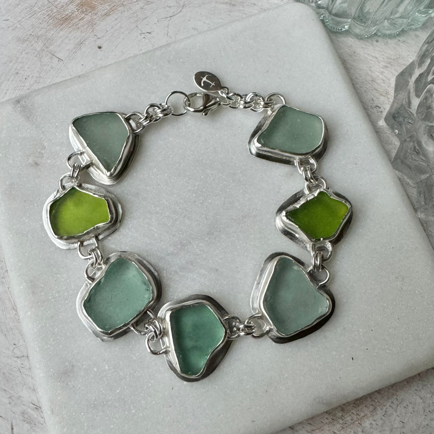 Aqua & Green Natural Sea Glass Sterling Silver Bracelet