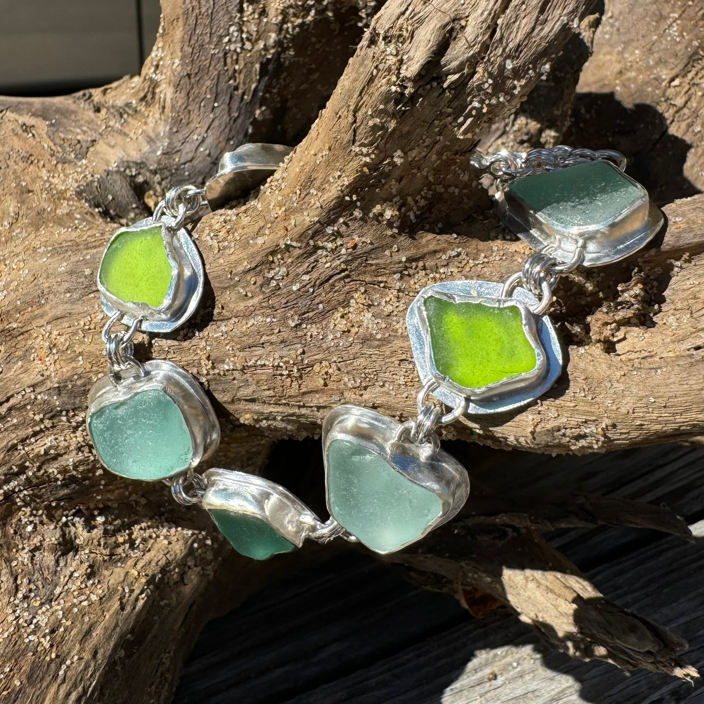 Aqua & Green Natural Sea Glass Sterling Silver Bracelet