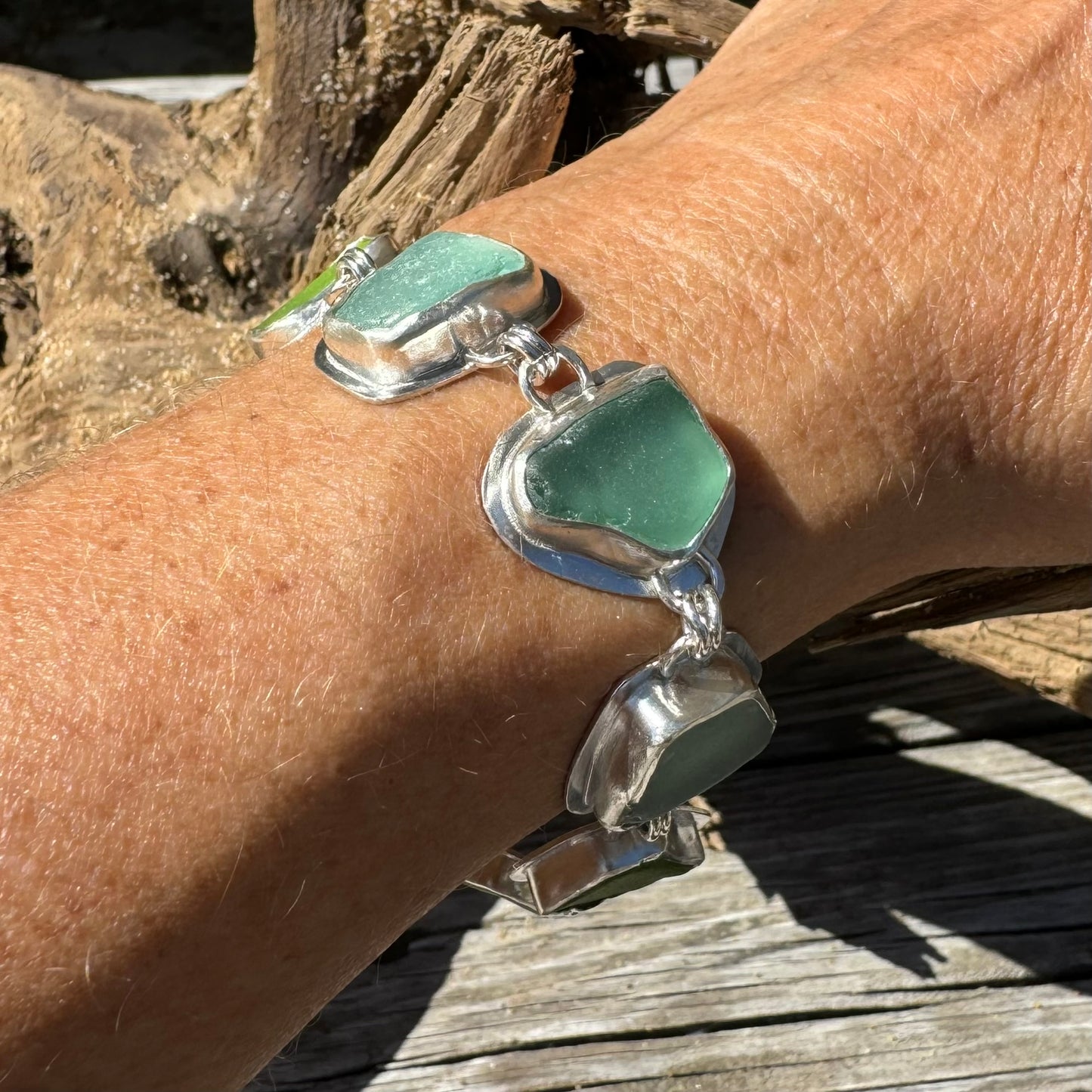 Aqua & Green Natural Sea Glass Sterling Silver Bracelet