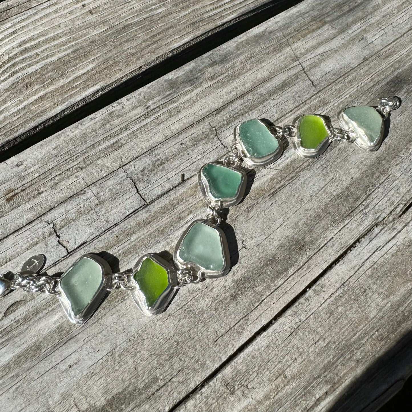Aqua & Green Natural Sea Glass Sterling Silver Bracelet