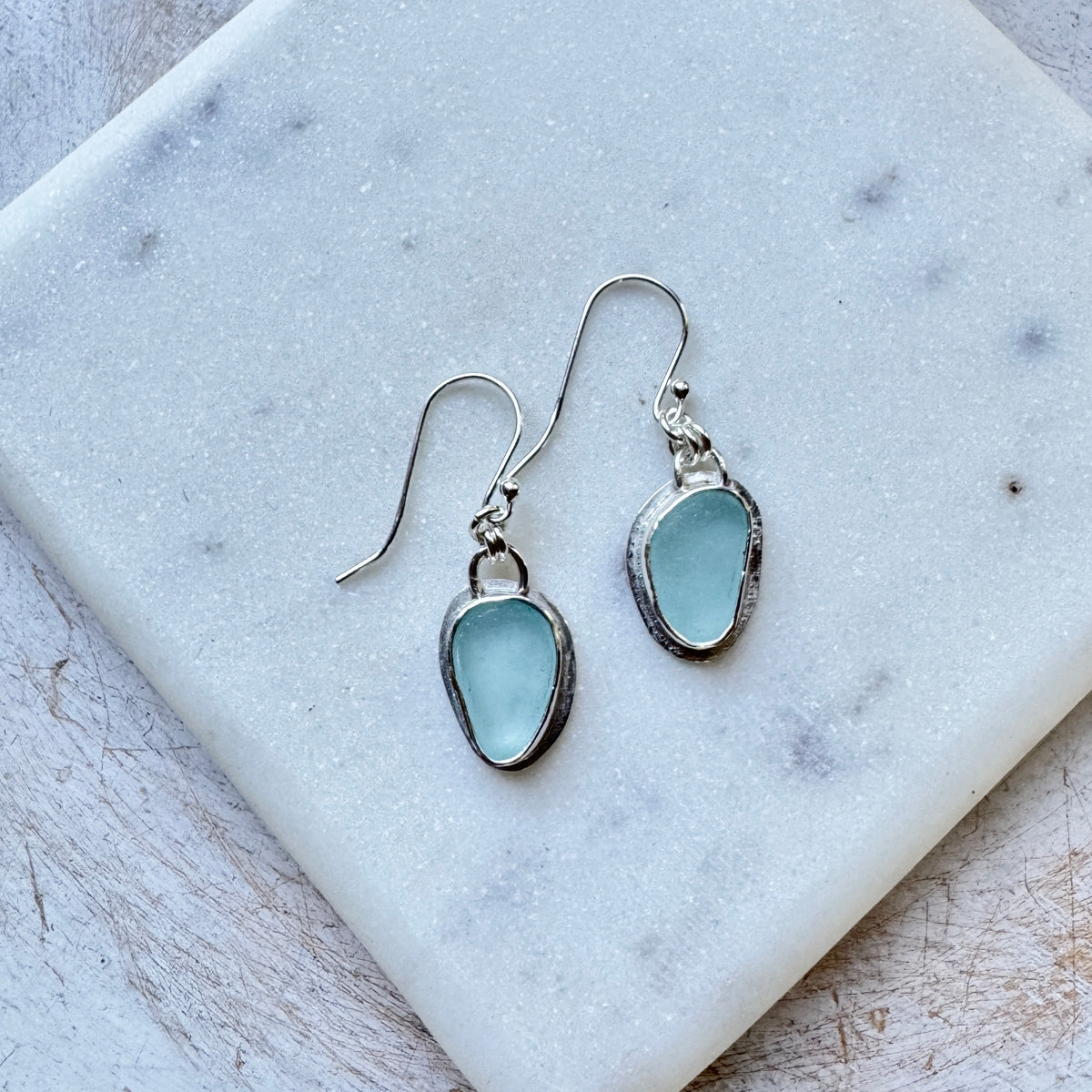Aqua Sea Glass Bezel Set Earrings