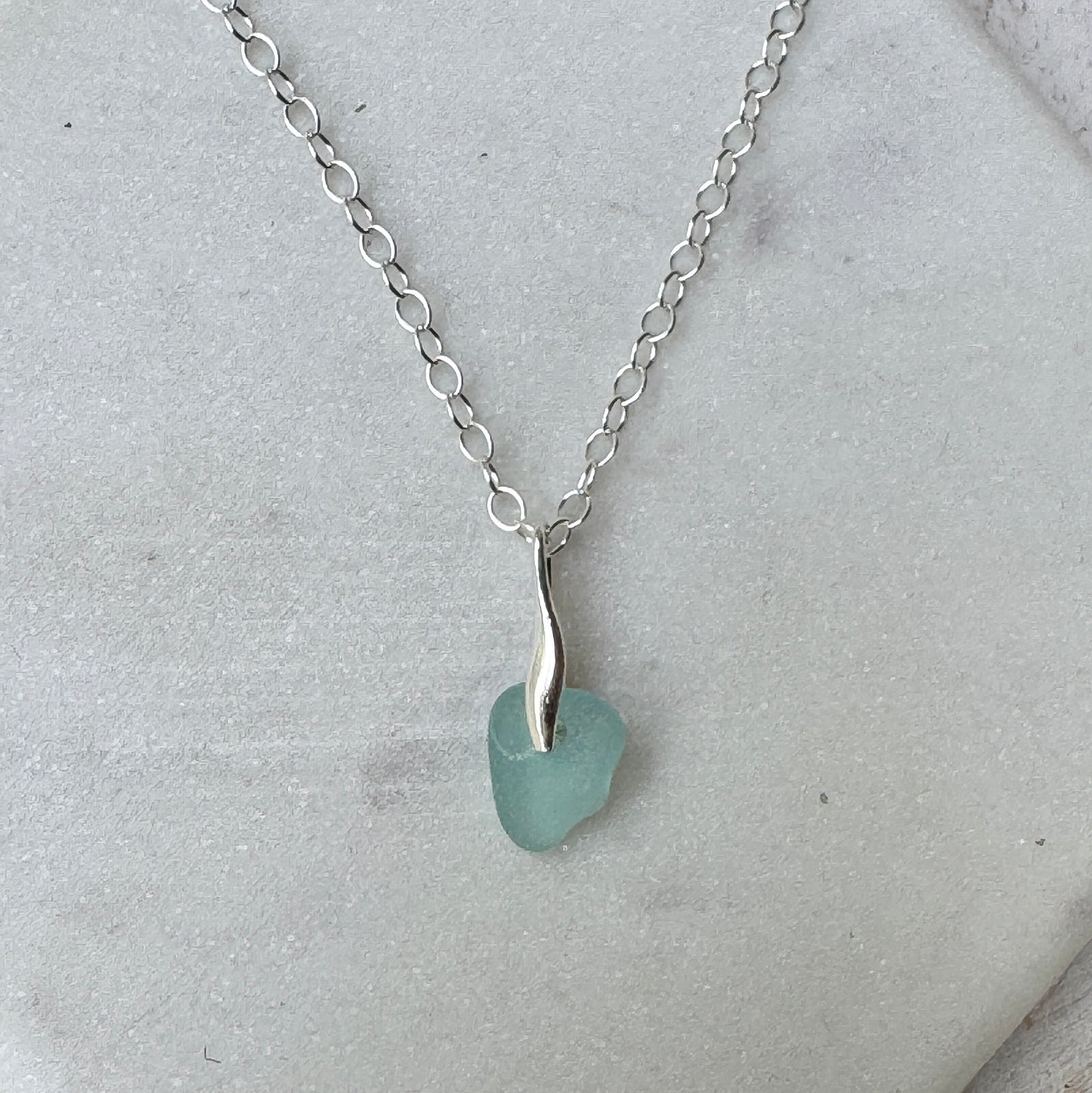 Aqua Sea Glass Feather Pendant