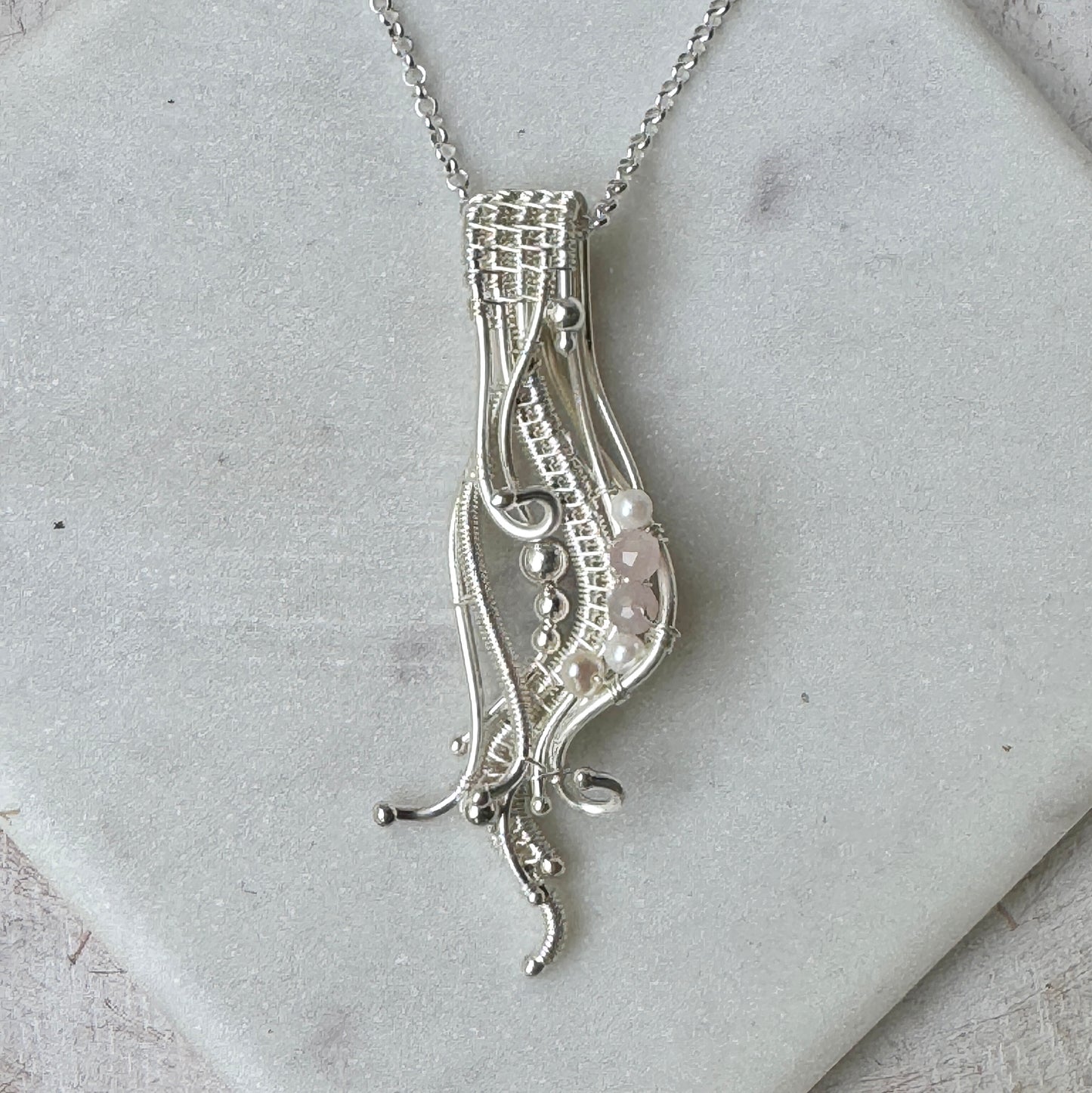 Silver Wave Necklace with Pink Morganite & Pearls