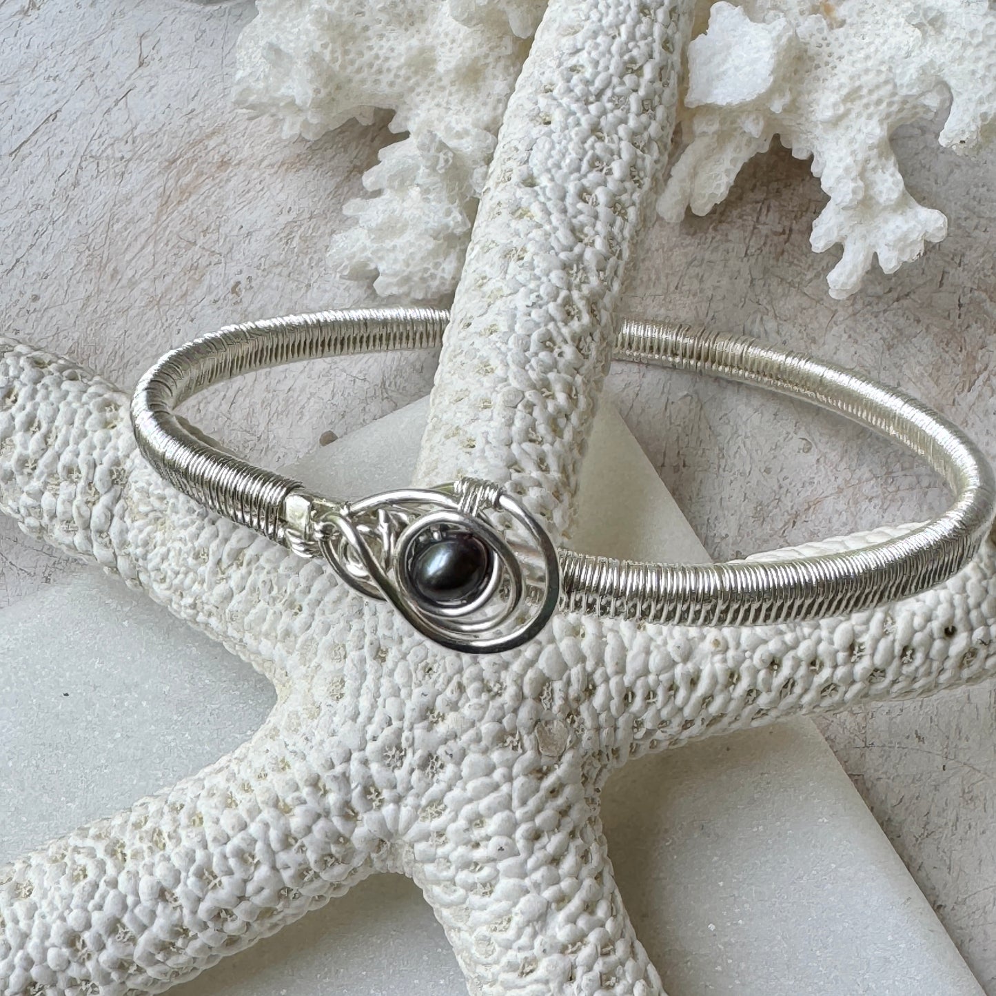 Silver Woven Bangle Bracelet with Black Pearl