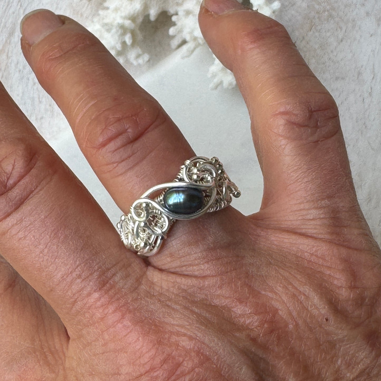Black Pearl Silver Woven Ring