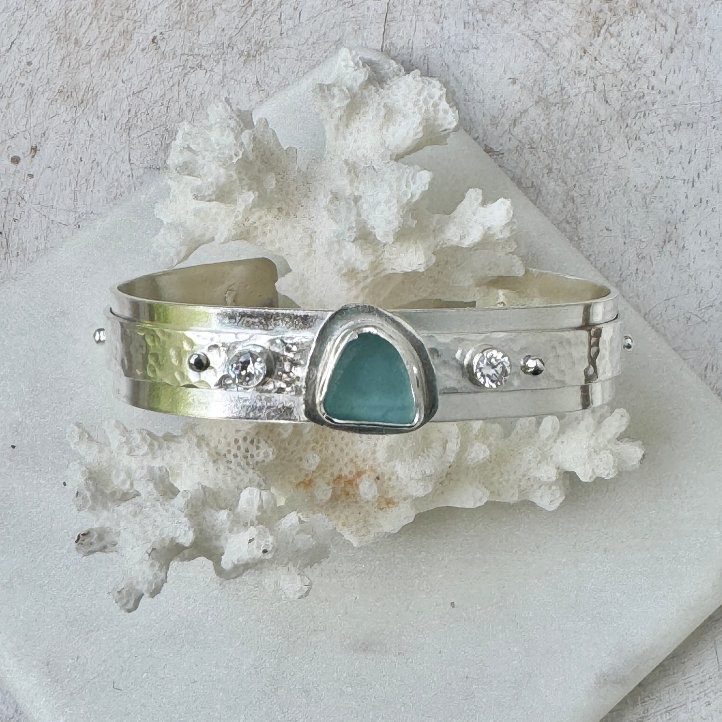 Aqua Sea Glass & CZ Textured Cuff Bracelet