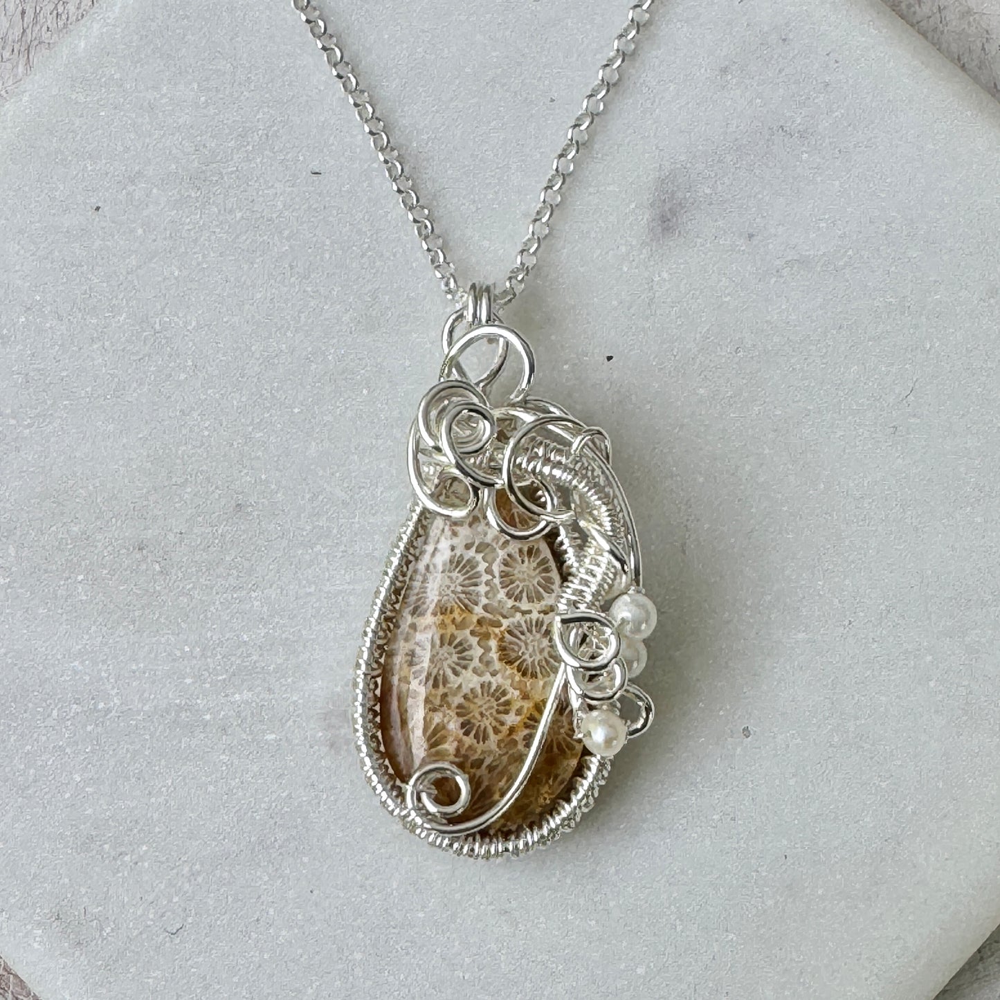 Fossil Coral & Pearl Woven Silver Necklace